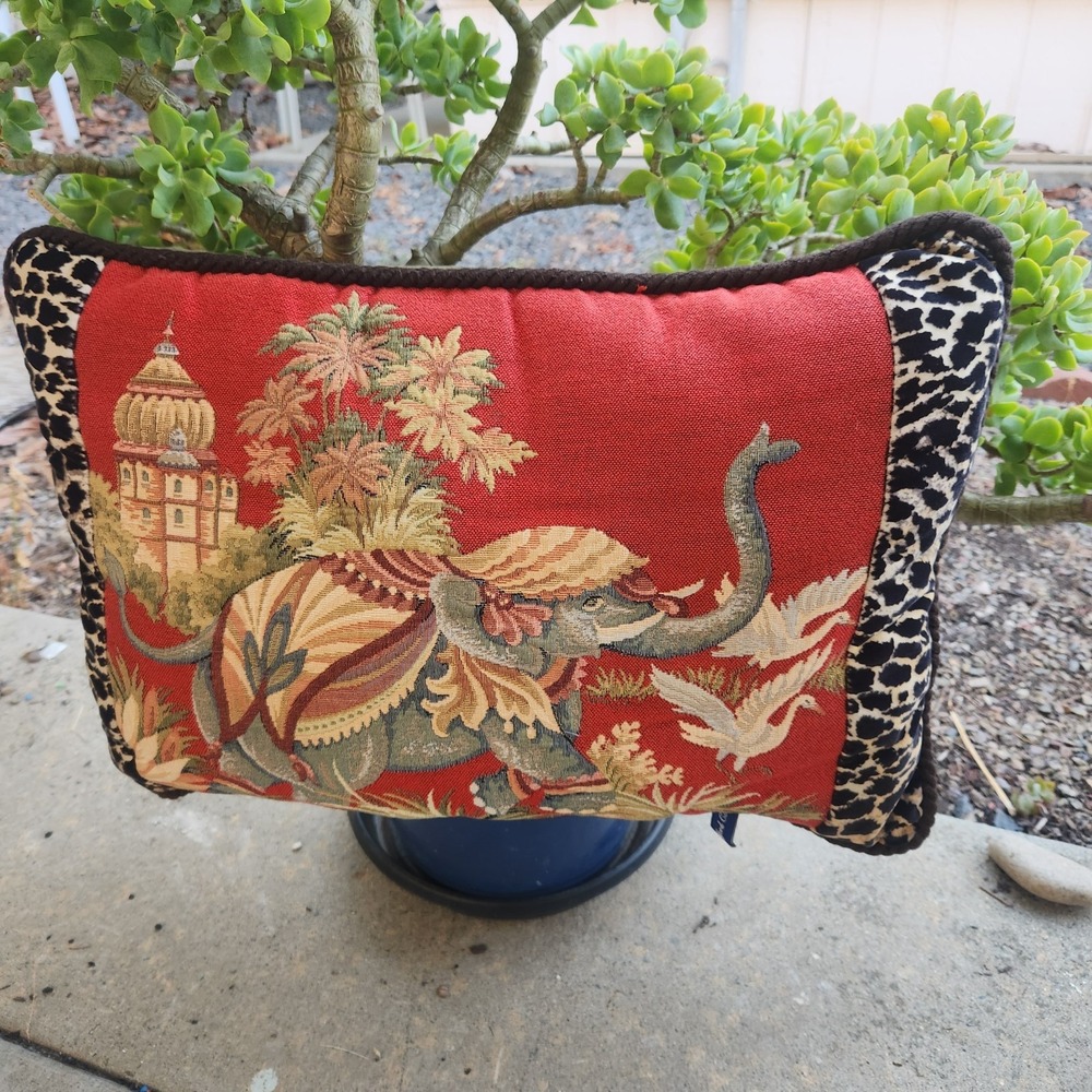 Vtg Tapestry Throw Pillow Ashford Court Elephant Crane Velvet Back 22" x 14"